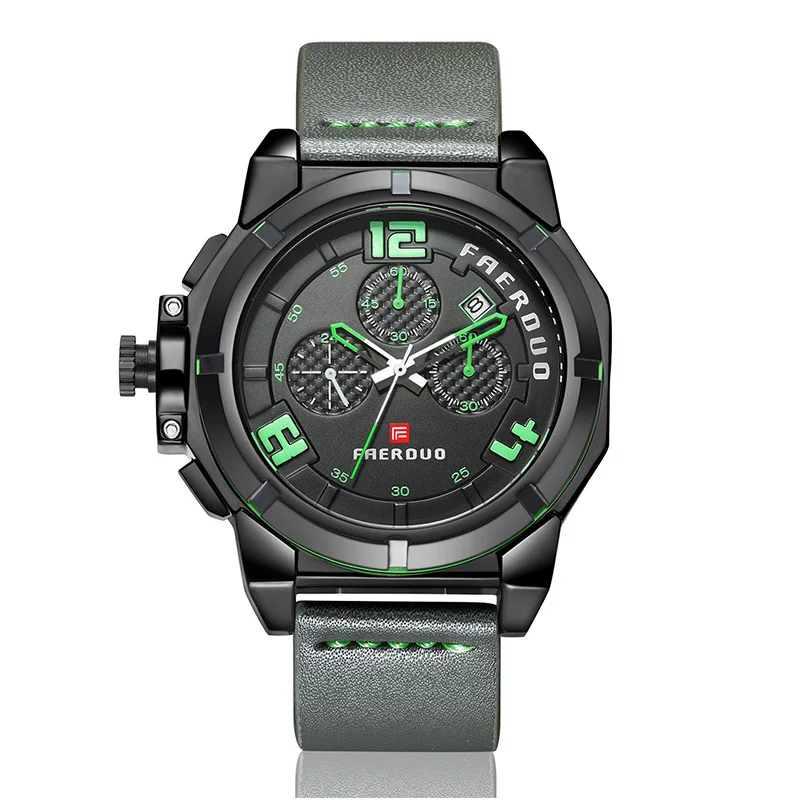 Green FAERDUO, большие часы для мужчин, спортивные, серые, мужские часы, водонепроницаемые, натуральная кожа, хронограф, часы для мужчин, роскошный бренд, Relogio Masculino - Цвет: Green