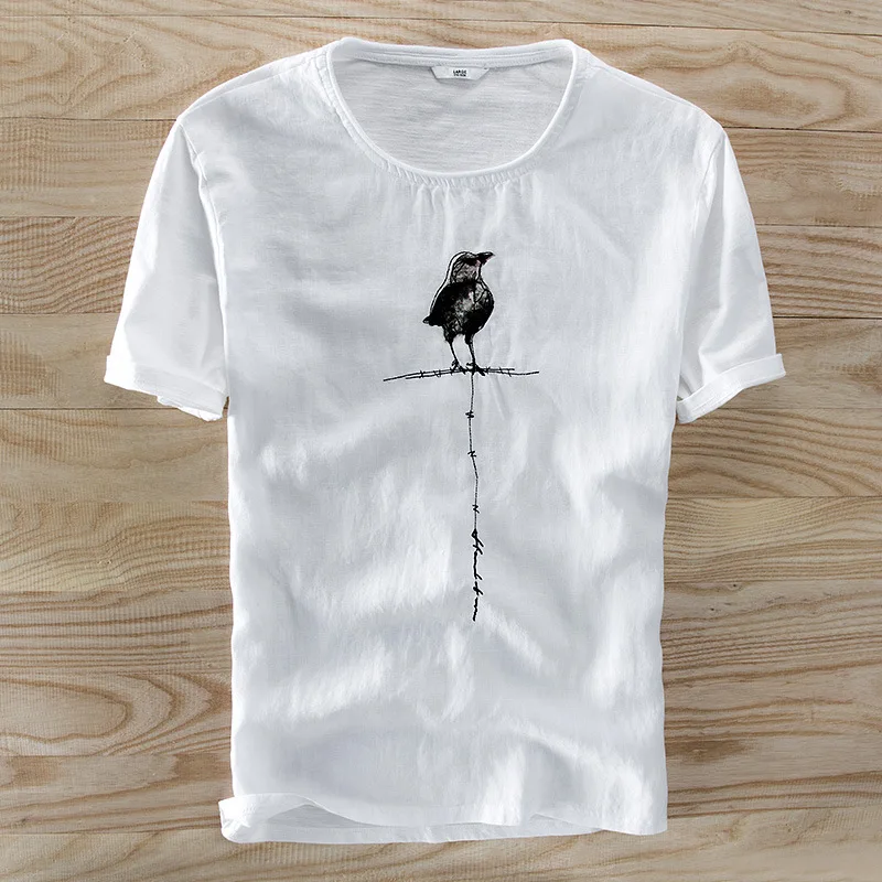 Птица вышивать ЛЕН Футболка 100% хлопок Для мужчин Повседневное Твердые Тис