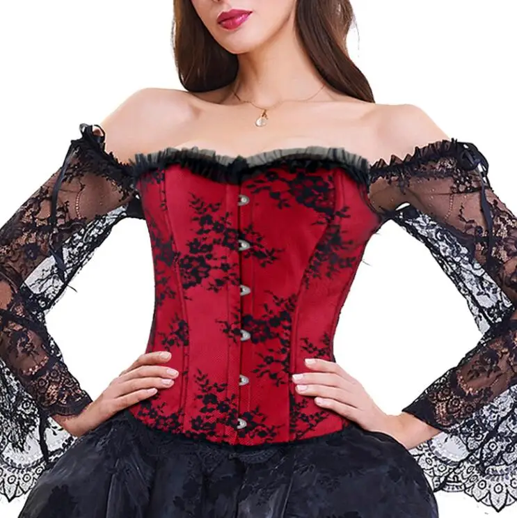 Red Wechery стимпанк винтажный корсет Готический Корсеты и бюстье на шнуровке с длинным рукавом с открытыми плечами сексуальный корсетный корсаж Корсеты Топы - Цвет: Red