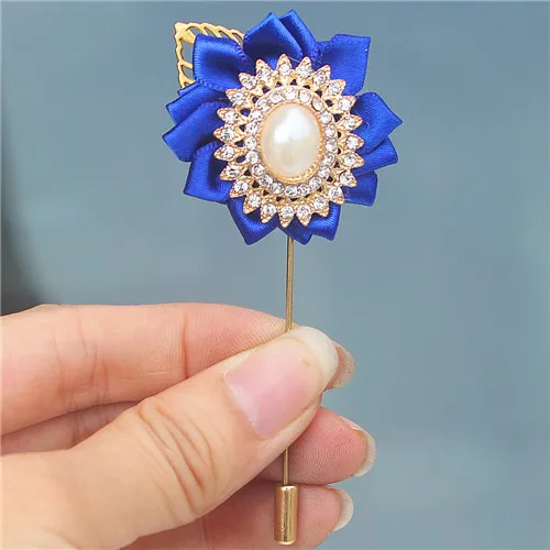 royal blue Булавка-брошь с золотым листом, бриллиантовым цветком на лацкане для костюма, бутоньерка ручной работы, брошь на булавке для мужчин и женщин XH1809 - Цвет: royal blue