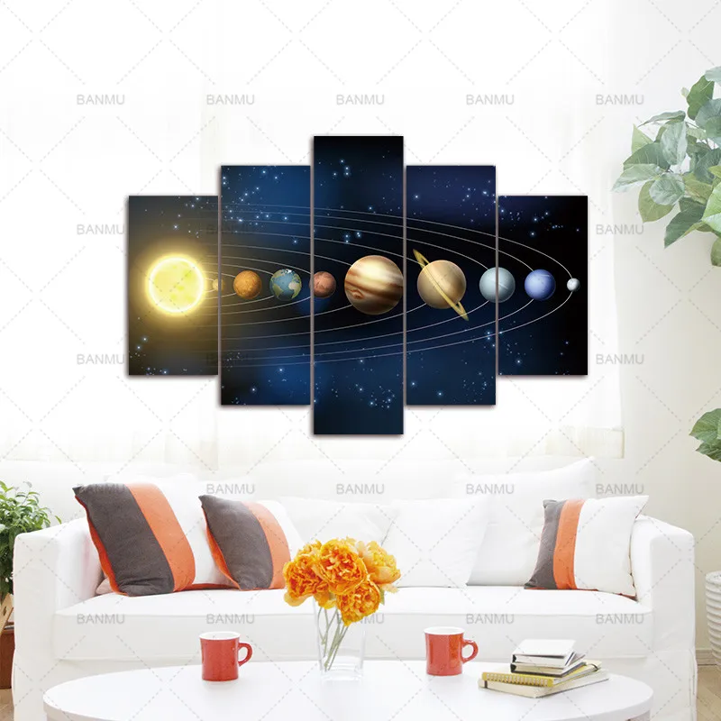 

5PCS Wall Art Painting Print Solar System and Nine Planets on Canvas Home Decor Living Working Place Decoration No Frame