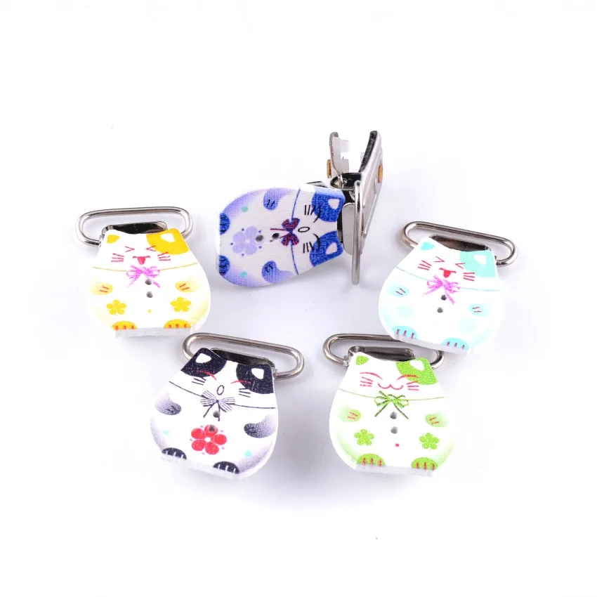 Free Shipping Retail 2Pcs Baby Pacifier Clips Wood Cartoon Cat Pattern Mixed Color Cute Infant Soother Clasps 37x22mm | Дом и сад