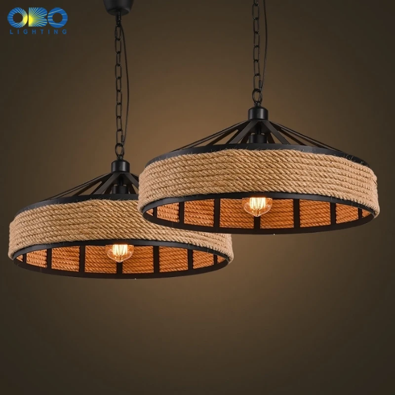 Винтажный креативный подвесной светильник Железный Абажур Из пеньковой веревки