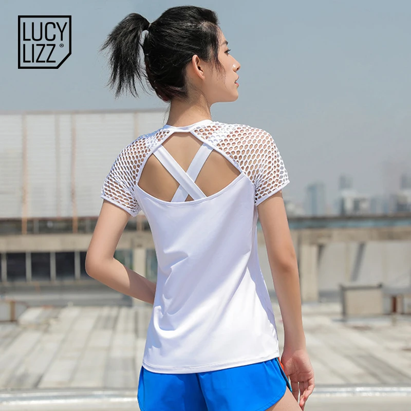 Lucylizz сексуальные дышащие футболки для йоги с крестиком женщин быстросохнущая