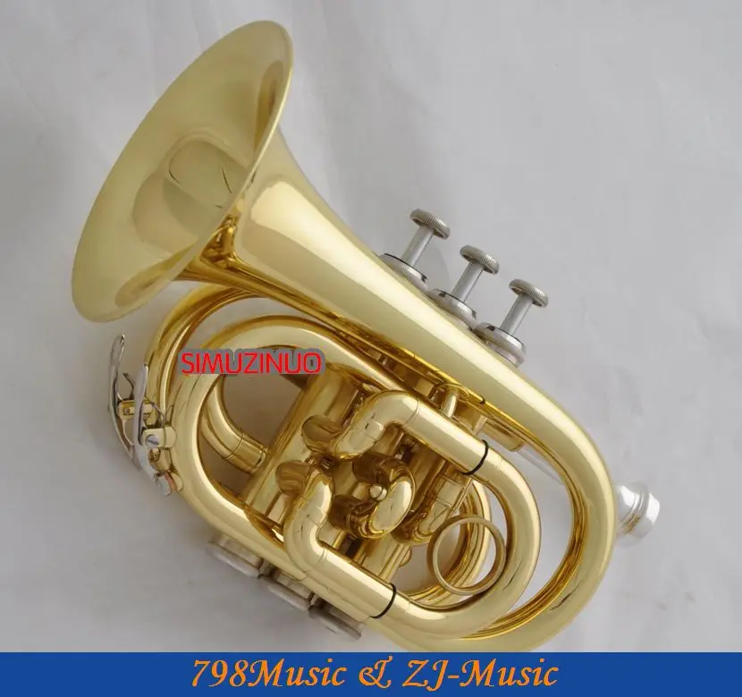 

AAA Quality Gold Lacquer Pocket Trumpet Cornet Large bell Horn With Case