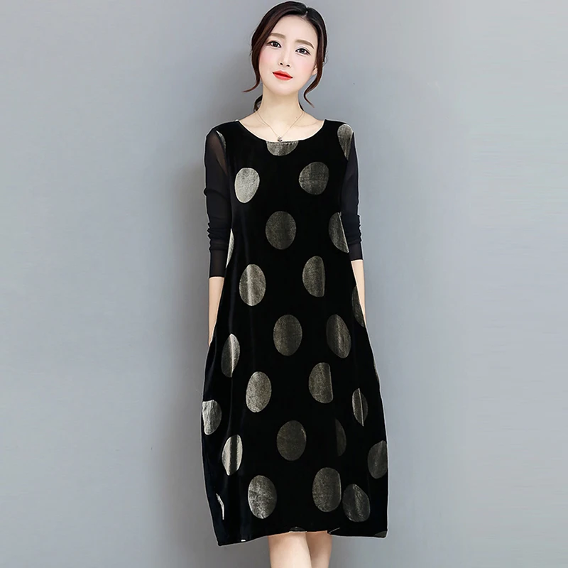 

Платье женское, черное, с длинным рукавом, золотое, вельветовое, с узором в горошек, с о-вырезом, QH1292