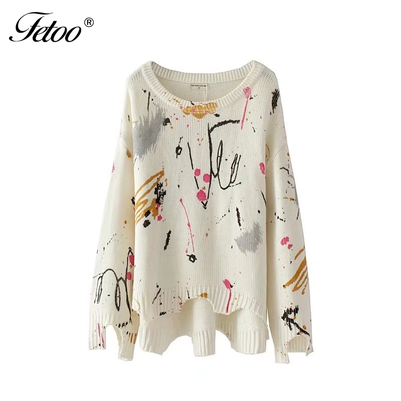 Женский трикотажный свитер с круглым вырезом Fetoo длинным рукавом и асимметричным