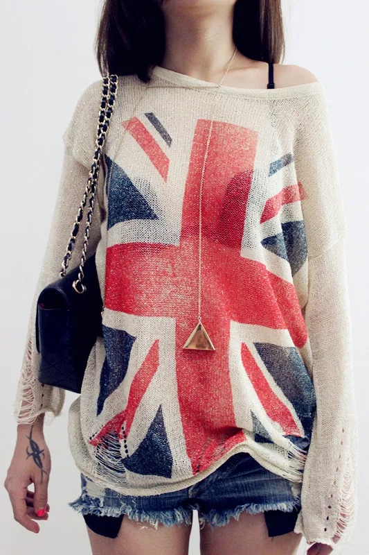 Crochet Hollow Out Long Sleeve Knit pullover Union Jack flag hole sweater | Женская одежда