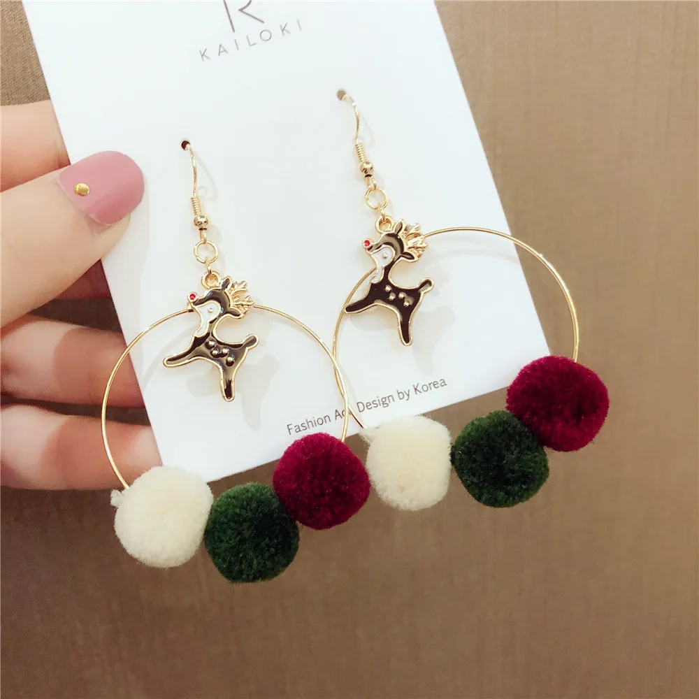 2019 Рождественские модные серьги со шариками из плюша для женщин. Корея. Личность. Круглые серьги с оленем. Украшение. Подарок.