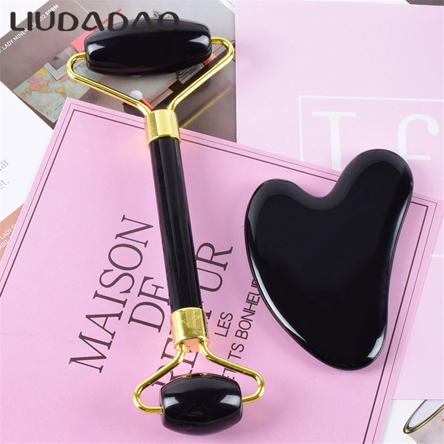 Массажер для лица из черного обсидиана с нефритовыми роликами и камнем Guasha Jade