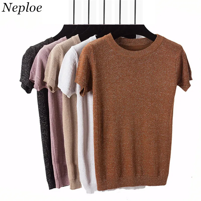Neploe 2019 Summer Autumn Women Bright Silk Sweater Slim Sexy short-sleeve O neck elastic Knitwear Fashion Tops 65878 | Женская одежда