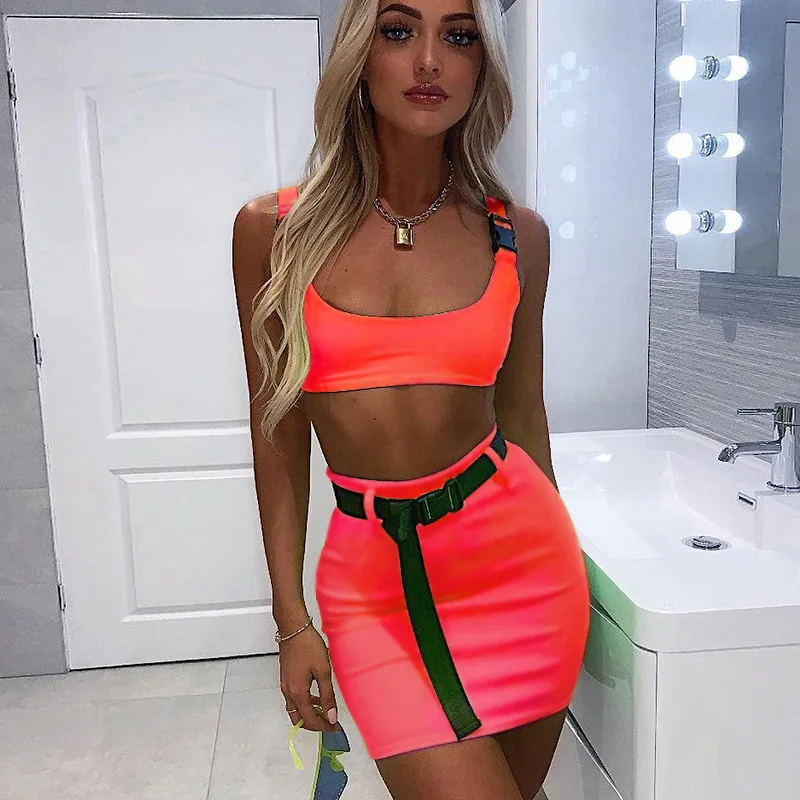 NORMOV Tracksuit For Women Summer Skirt Set Neon Yellow Streetwear Club Outfits Crop Top And Fashion Women's Sets | Женская одежда