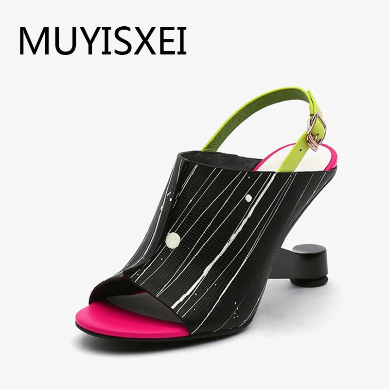 Женские разноцветные сандалии гладиаторы на высоком каблуке со стразами с