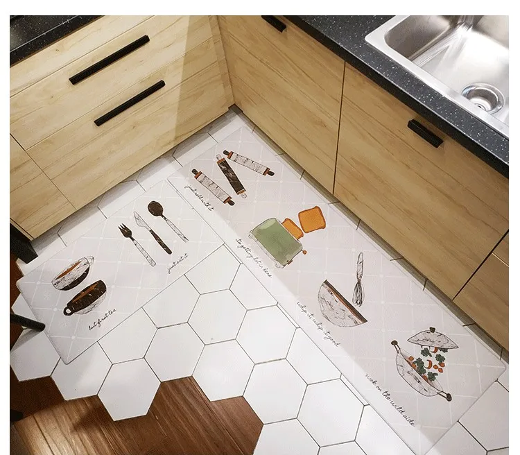PVC Leather Rubber Kitchen Rugs Blue Cactus Flower Carpets Washable Non-slip Hallway Mat Durable Comfort Anti Fatigue Rug Runner