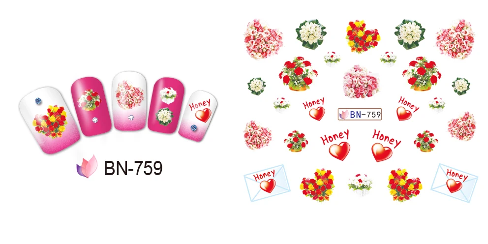 UPRETTEGO 12 упак./лот переводка NAIL ART Наклейки для ногтей на День святого Валентина свадьбы Kiss Bear сладкое сердце чашка любовь BN757-768