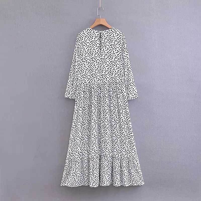 Летнее весеннее платье для женщин vestidos ТРАПЕЦИЕВИДНОЕ платье в горошек с оборками до середины икры и круглым вырезом с длинным рукавом vestidos de fiesta платье для вечеринок