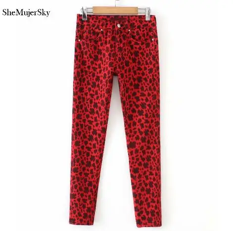 red pants SheMujerSky, красные леопардовые узкие брюки, женские брюки с высокой талией, Осенние узкие брюки - Цвет: red pants