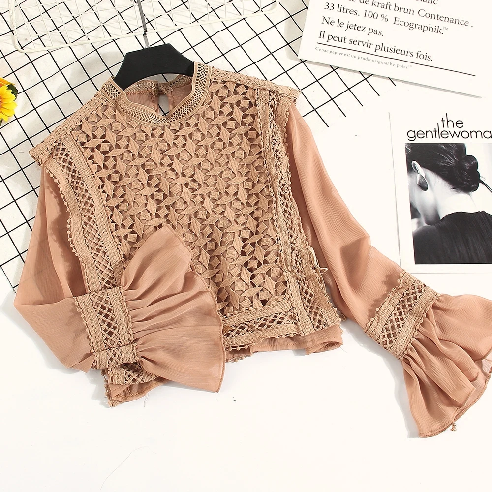 2018 Весенняя коллекция блузка рубашка ажурная кружевная вышитая цветами