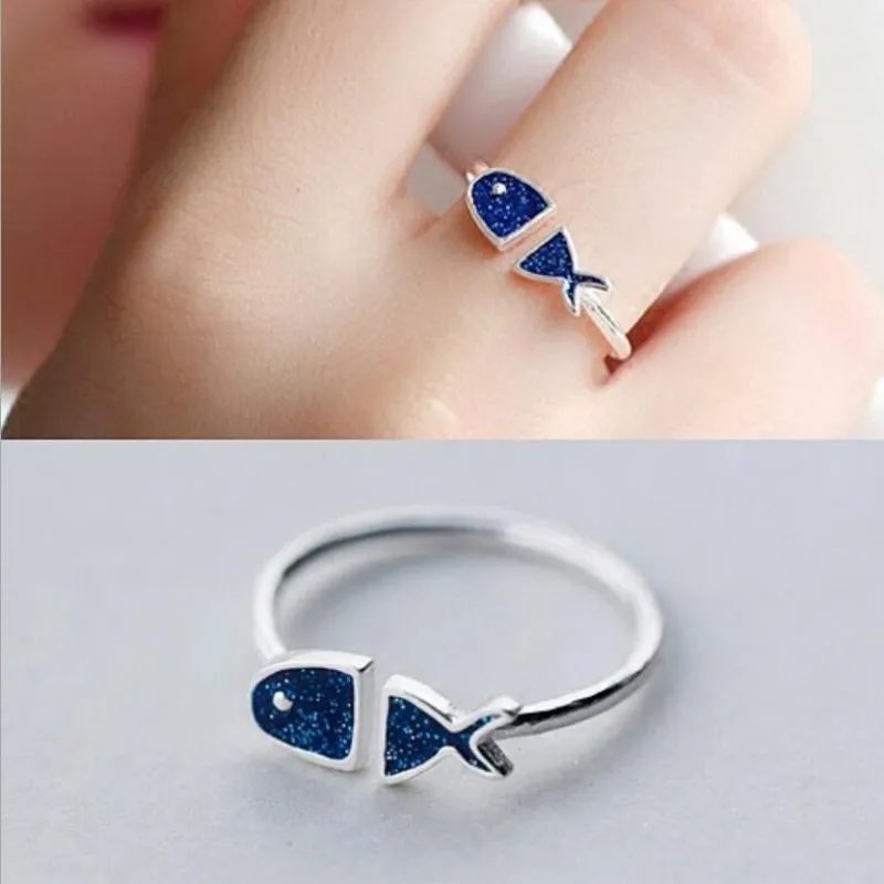 

Popular Creative New Fashion Female 925 Sterling Silver Jewelry Personality Blue Fish Cute Drop Gift Opening Rings R197