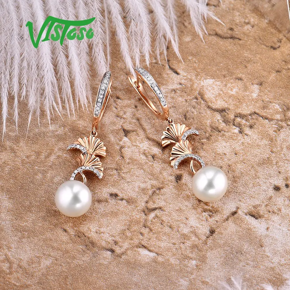 VISTOSO Pure 14 K 585 розовое золото сверкающие бриллианты элегантные пресноводные жемчужные серьги для женщин уникальные модные свадебные ювелирные изделия
