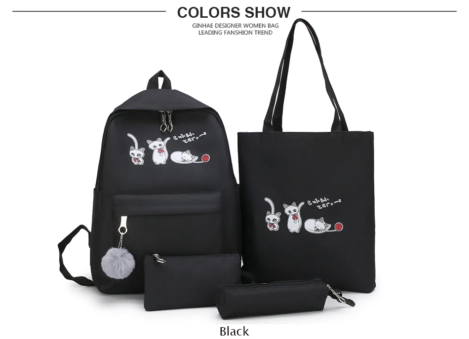 4Pcs/Set Travel Casual Oxford Letter Backpack Preppy Style Cute School Bags For Teenage Girls Women Cat Book Bag Rucksack Dame