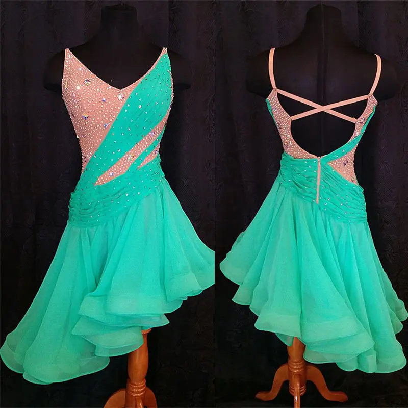 Зеленое платье без рукавов для латинских танцев женское GOODANPAR Брендовое на заказ