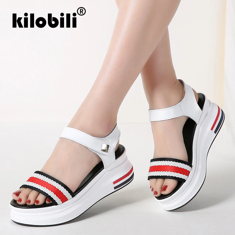 Kilobili/2019 Летние кожаные женские сандалии гладиаторы обувь на платформе
