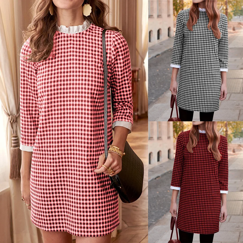 Robe femme Женский Повседневный халат обтягивающее платье с принтом в клетку рукавом