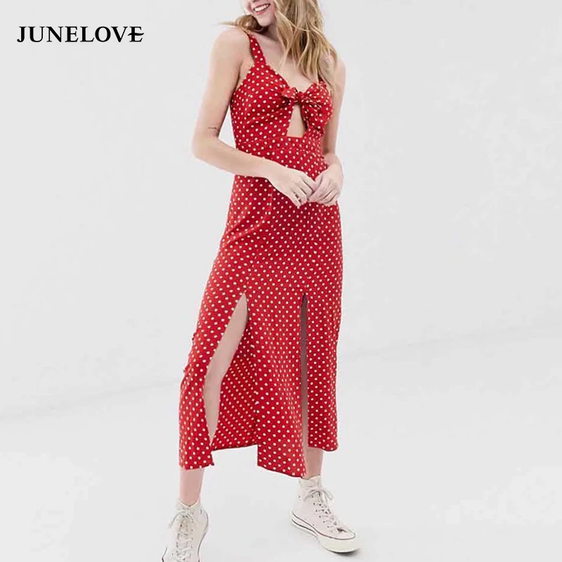 Женское длинное платье в горошек JuneLove повседневное пляжное стиле бохо с разрезом