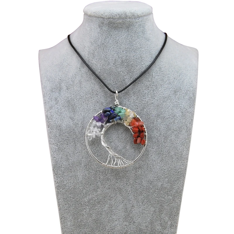 

Rainbow Natural Stone 7 Chakra Tree Of Life Pendant Necklaces Women Rose Quartz Beads Tree Choker Necklace Jewelry Party Gift