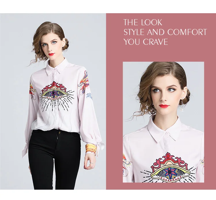 2019 Women Autumn Casual Cartoon Shirts Eyes Vintage Printing Long Sleeve Turn Down Collar Slim Elegant Blouse Top Female |