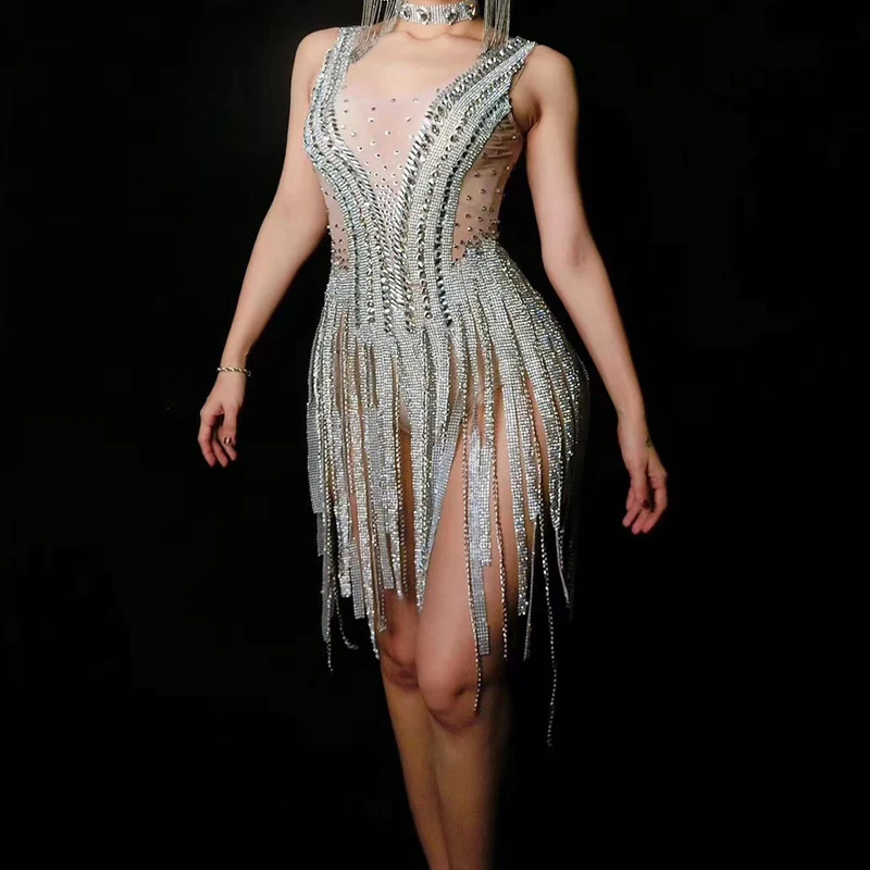 

Women New Sparkly Silver Rhinestones Fringes Sexy Bodysuit Birthday Celebrate Costume Tassel Bodysuit Performance Evening Wear