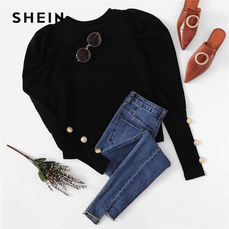 SHEIN Стильная Однотонная Блуза С Пуговицами, Офисная Блузка С Оригинальным Рукавом