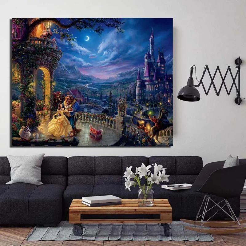 Thomas Kinkade Beauty And The Beast Canvas Painting Living Room Home Decoration Modern Wall Art Oil Painting Posters Pictures