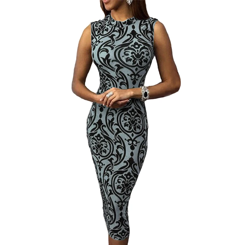 Vintage flower print bodycon midi dress Women sleeveless slim fit pencil summer Elegant party dresses vestidos verano 2019 | Женская