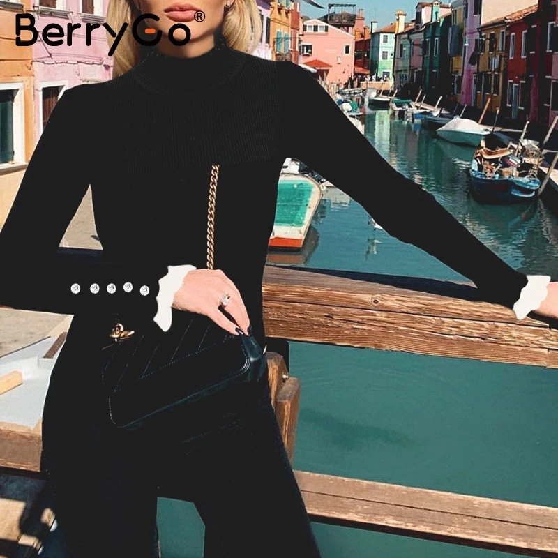 BerryGo Black ruffled women knitted sweater Long sleeve striped button female pullover jumper Turtle neck office ladies sweaters | Женская