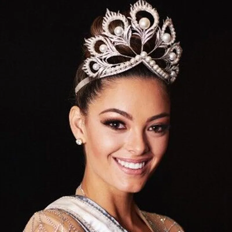 Винтажные Miss Universe корона с жемчугом Павлин перо тиара на торжество Полный Круглый Регулируемые аксессуары для волос MY484B