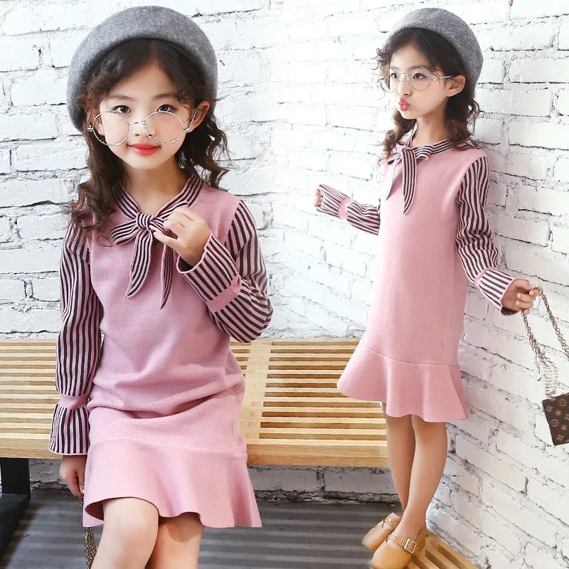 2018 New Spring Autumn Girl Sweater Dress Long Sleeve Knitted Kids Dresses For Girls Striped Casual 6 8 10 12 13 | Детская одежда и