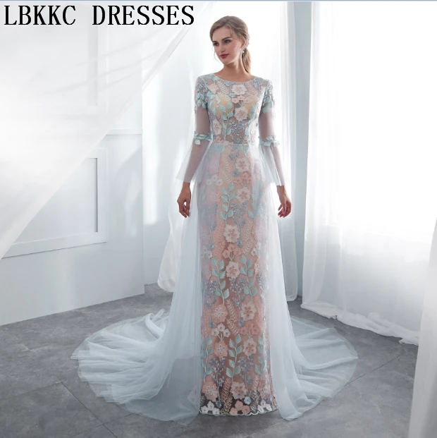 

Женское вечернее платье-русалка, голубое кружевное платье в пол с расширяющимся книзу рукавом, праздничное платье