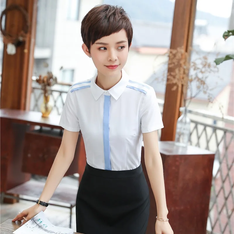 Летние женские блузки и рубашки с коротким рукавом Синяя Женская рабочая одежда