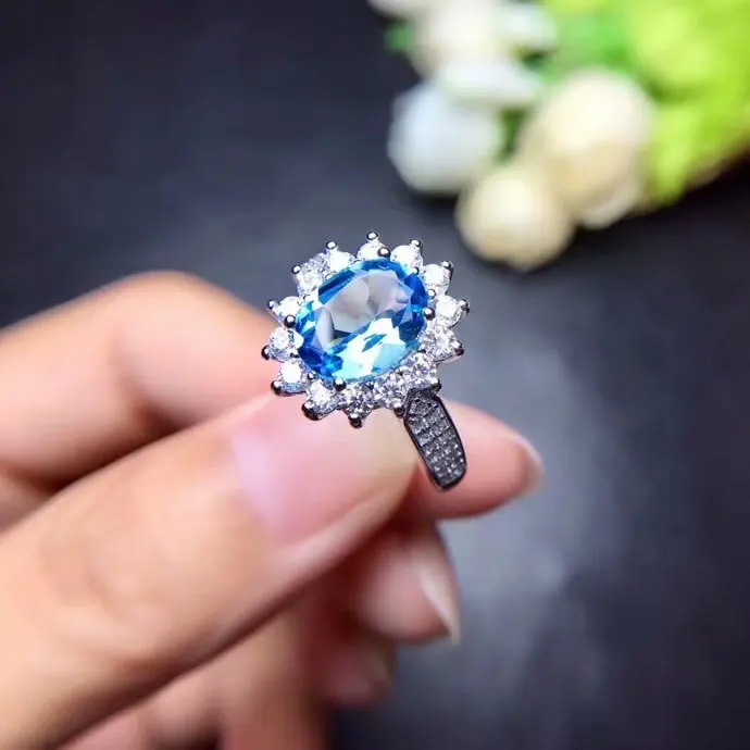

925 Pure silver inlaid with natural Topstone ring 7 * 9mm luxury style live female ring exquisite jewelry