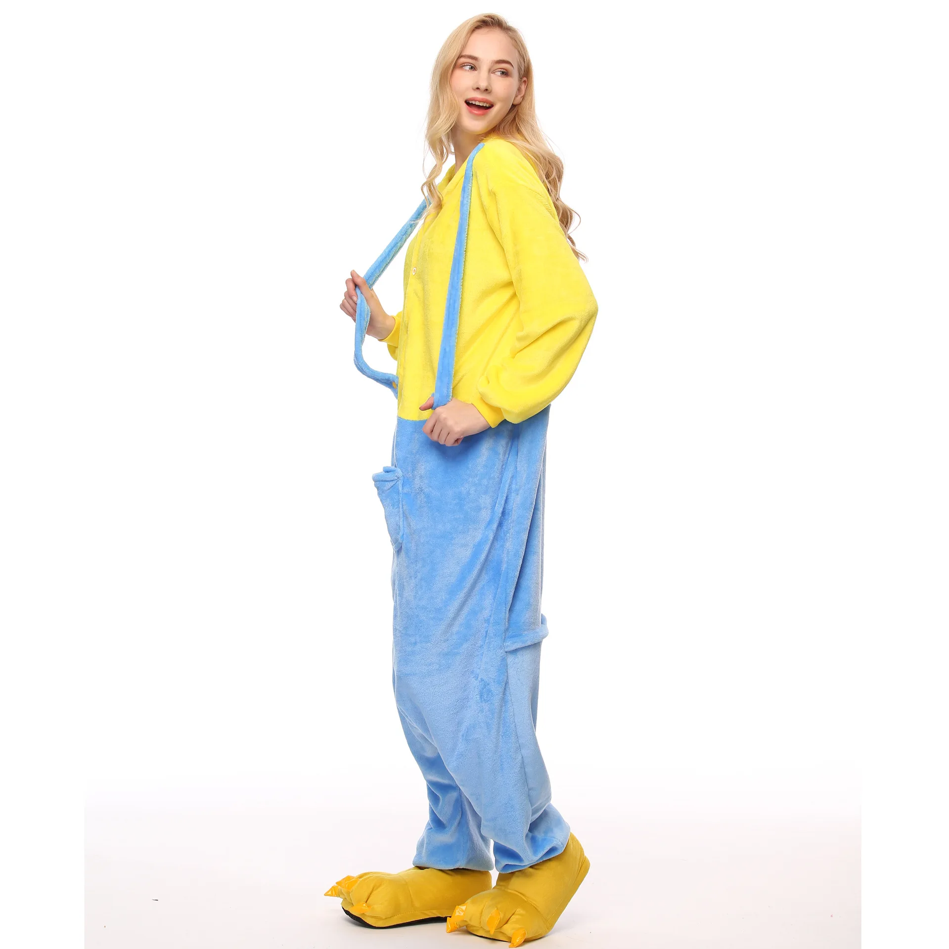 Blue Yellow Kigurumi Onesie Adult Women Animal Pajamas Suit Flannel Warm Soft Sleepwear Onepiece Winter Warm Pijama Cosplay