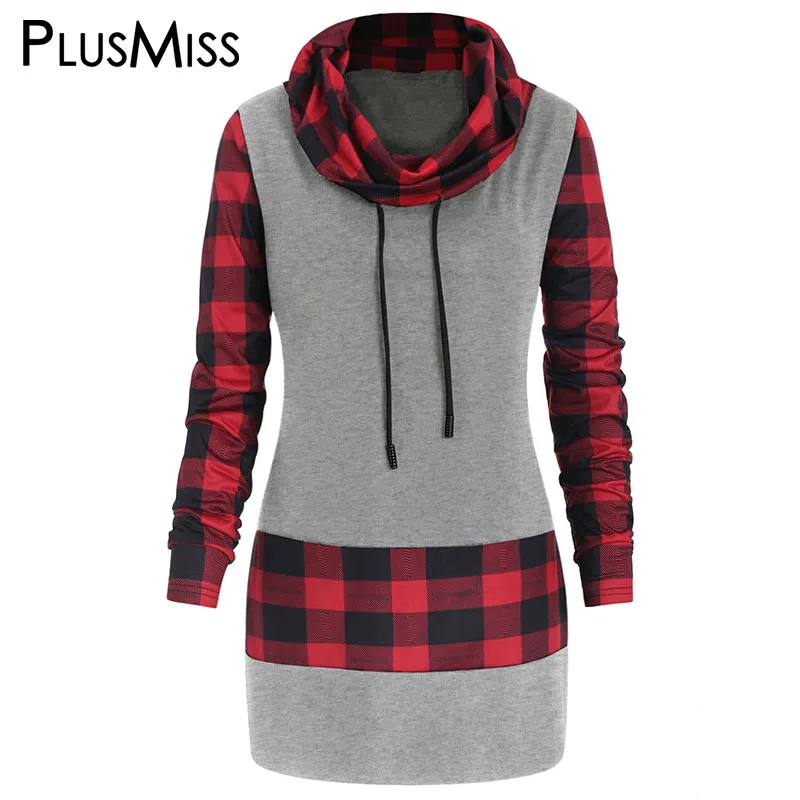 PlusMiss размера плюс 5XL плед кучи воротник толстовки с капюшоном и свитшоты более Размеры d красной клетчатой Свободный пуловер с капюшоном Для женщин XXXXL XXXL XXL