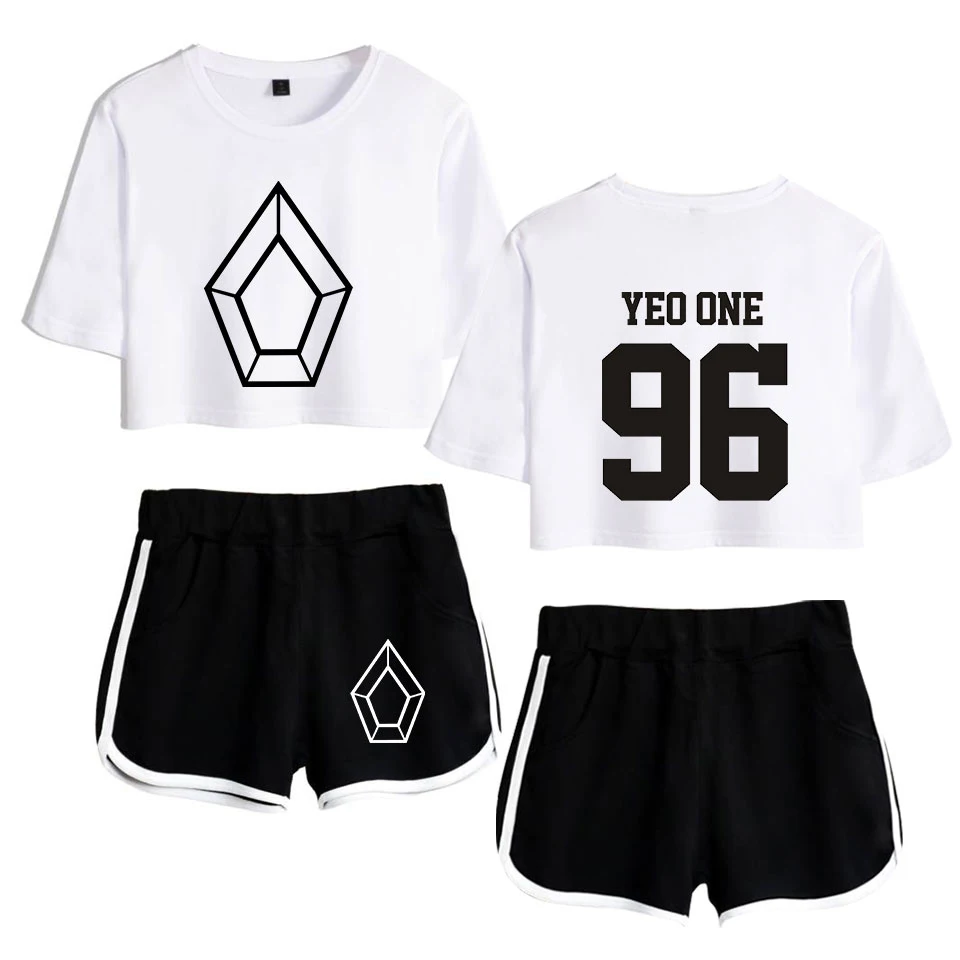 Hot Pentagon YED ONE 96 Exposed Navel white t shirt +black shorts women's two-piece sets Fashion suit | Женская одежда