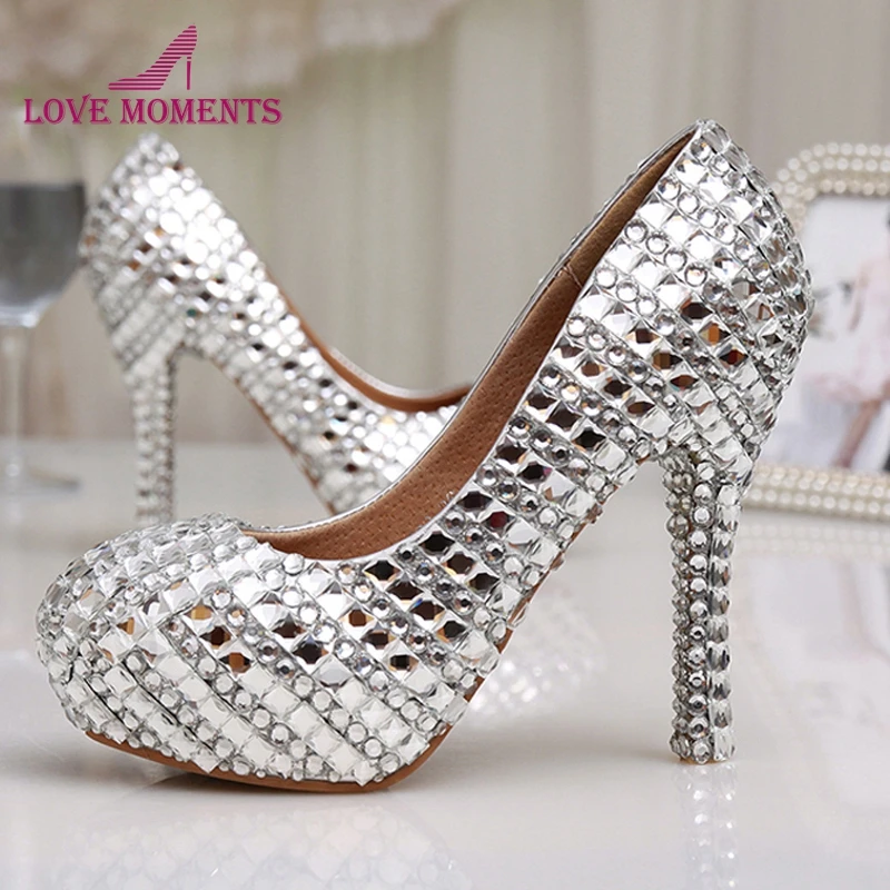 Женские свадебные туфли со стразами и блестками на высокой платформе с каблуком