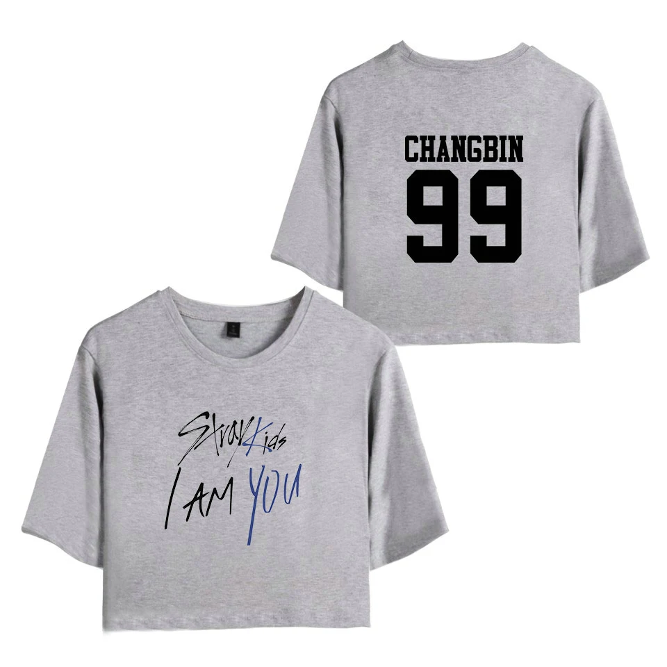 KELUOXIN Kpop StrayKids футболка с коротким рукавом I am YOU Album Crop Tops Женская Хип-хоп сексуальная открытая детская футболка с пупком - Цвет: Gray   CHANGBIN 99