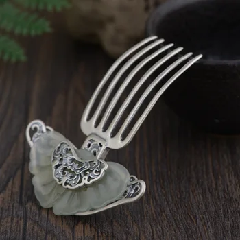 Inlay Thai Silver Hair Comb Vintage Chinese Style Silver Hairpin Peony Flower Hair Pin Jewelry Hair Accessories WIGO1151