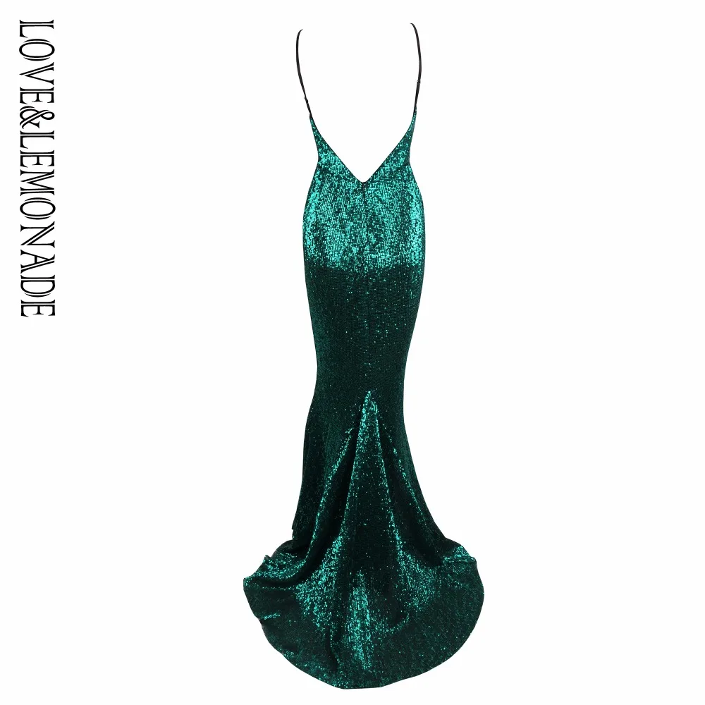 Женское длинное платье LOVE &amp LEMONADE зеленое эластичное с блестками и V-образным