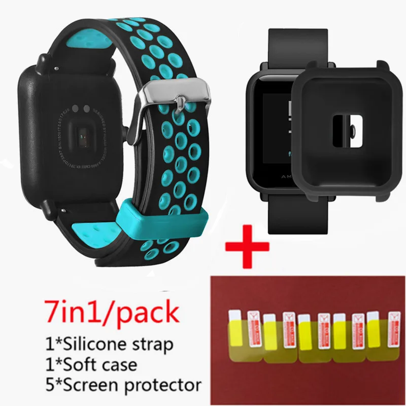 blue 2 Для Xiaomi Huami Amazfit Bip Lightwei ремешок rhythm Lite young умные часы my braceket fit+ силиконовые полосы+ мягкий чехол+ 5 экранная пленка - Цвет: blue 2