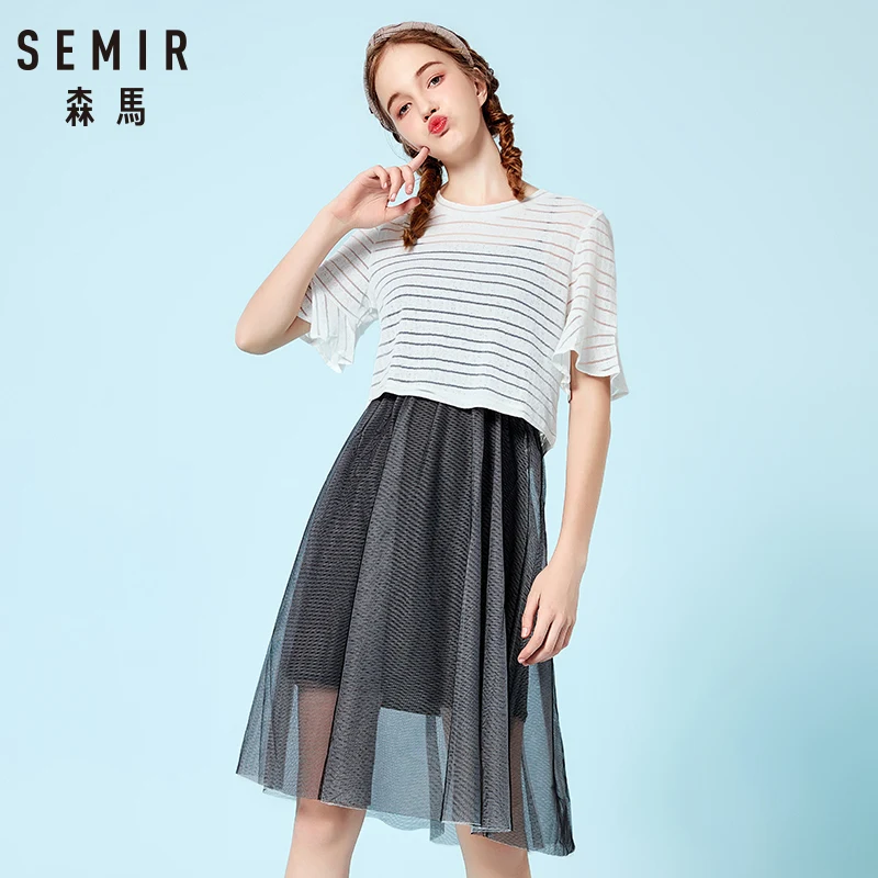 Semir 2018 Summer New Dress Female Two-piece Suit Short-sleeved T-shirt Suspender Mesh Lace Dresses For Women Clothing | Женская одежда